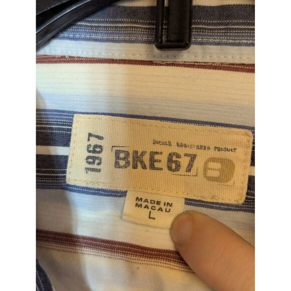 Bke67 Striped Long Sleeve "pearl" snap Shirt L Beige Blue Red Cotton - Picture 4 of 7